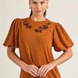DG2 by Diane Gilman Rust Puff Sleeve Embroidered Tunic